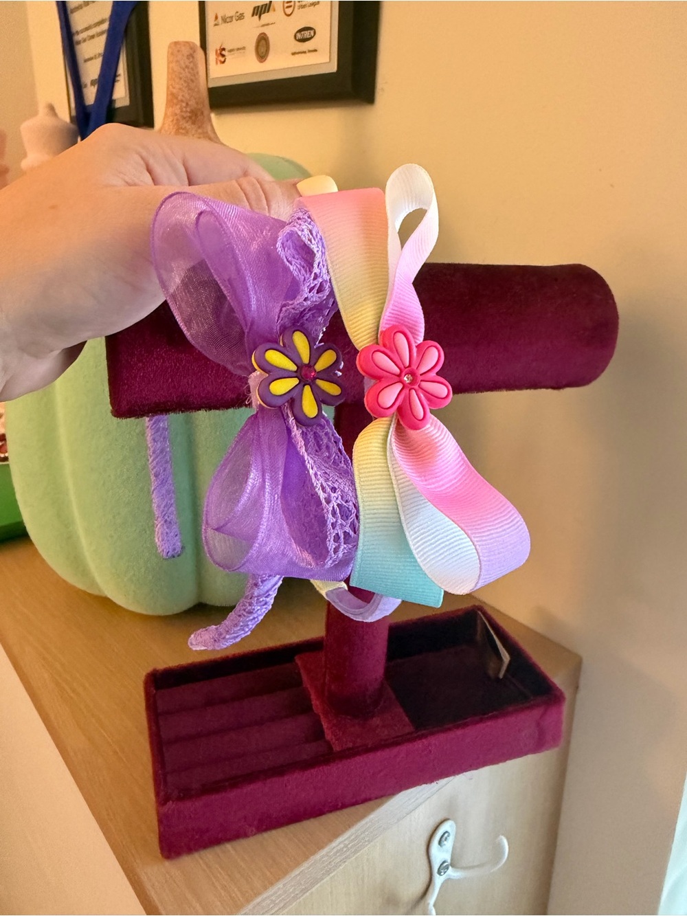 2 Kids Flower Ribbon Hair Bows - Purple and Pastel Multicolor